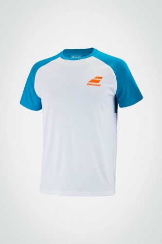 Детская футболка для тенниса для мальчика Babolat Play Crew Neck (белая / бирюзовая)